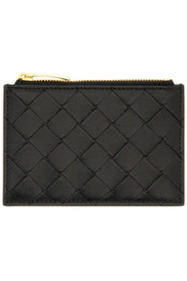 Black woven leather zippered card case with gold-tone zipper pull by bottega veneta womens woven card holder black