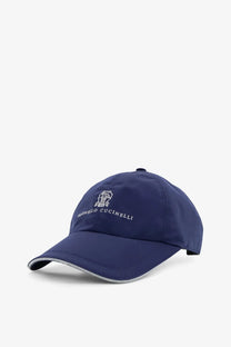 Navy blue Brunello Cucinelli men’s baseball cap with white embroidered logo and brand name on front panel