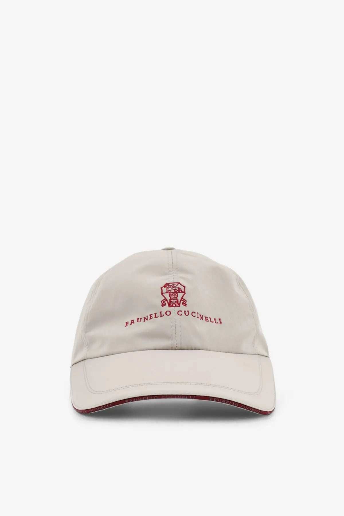 Beige brunello cucinelli men’s baseball hat with red embroidered logo and matching trim in brown fabric