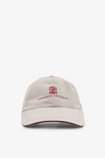 Beige brunello cucinelli men’s baseball hat brown with red embroidered logo and matching trim in soft fabric