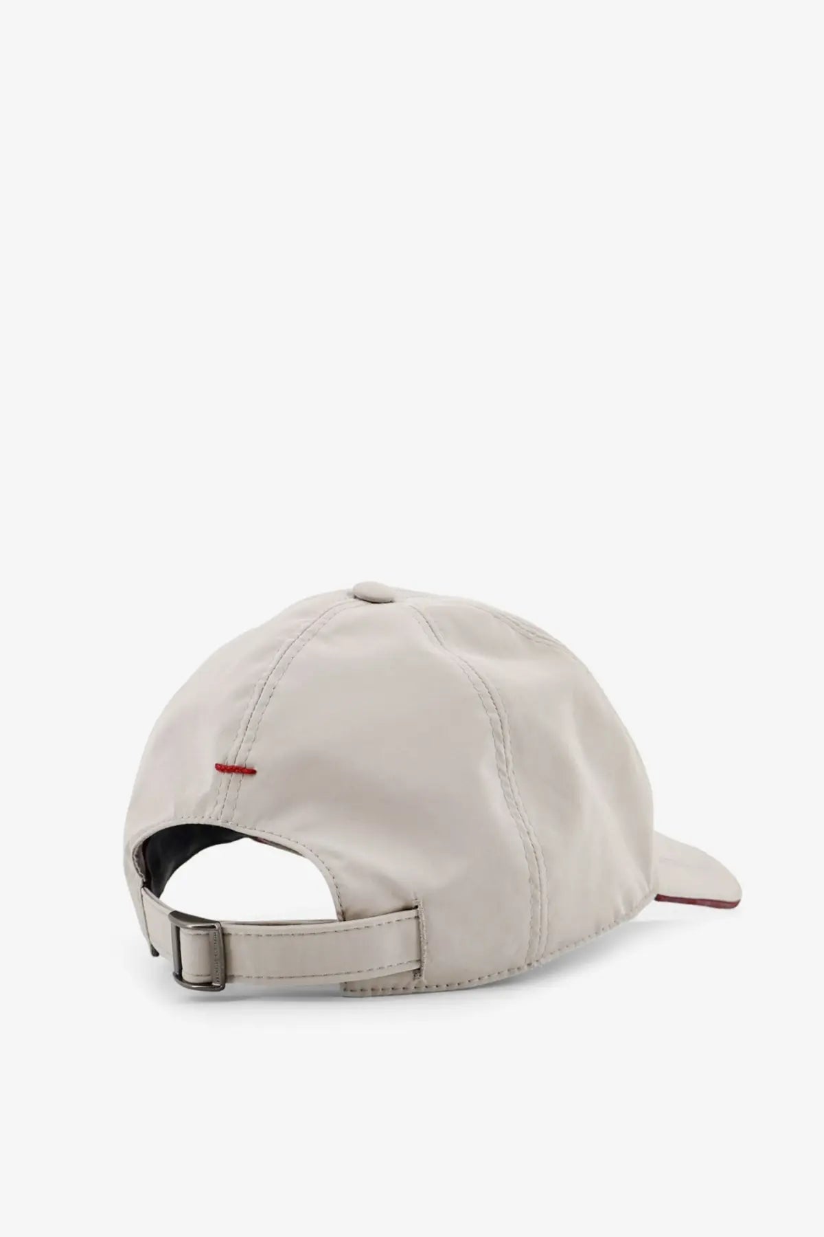 Beige Brunello Cucinelli men’s baseball hat with subtle red stitch detail and adjustable strap shown from the back