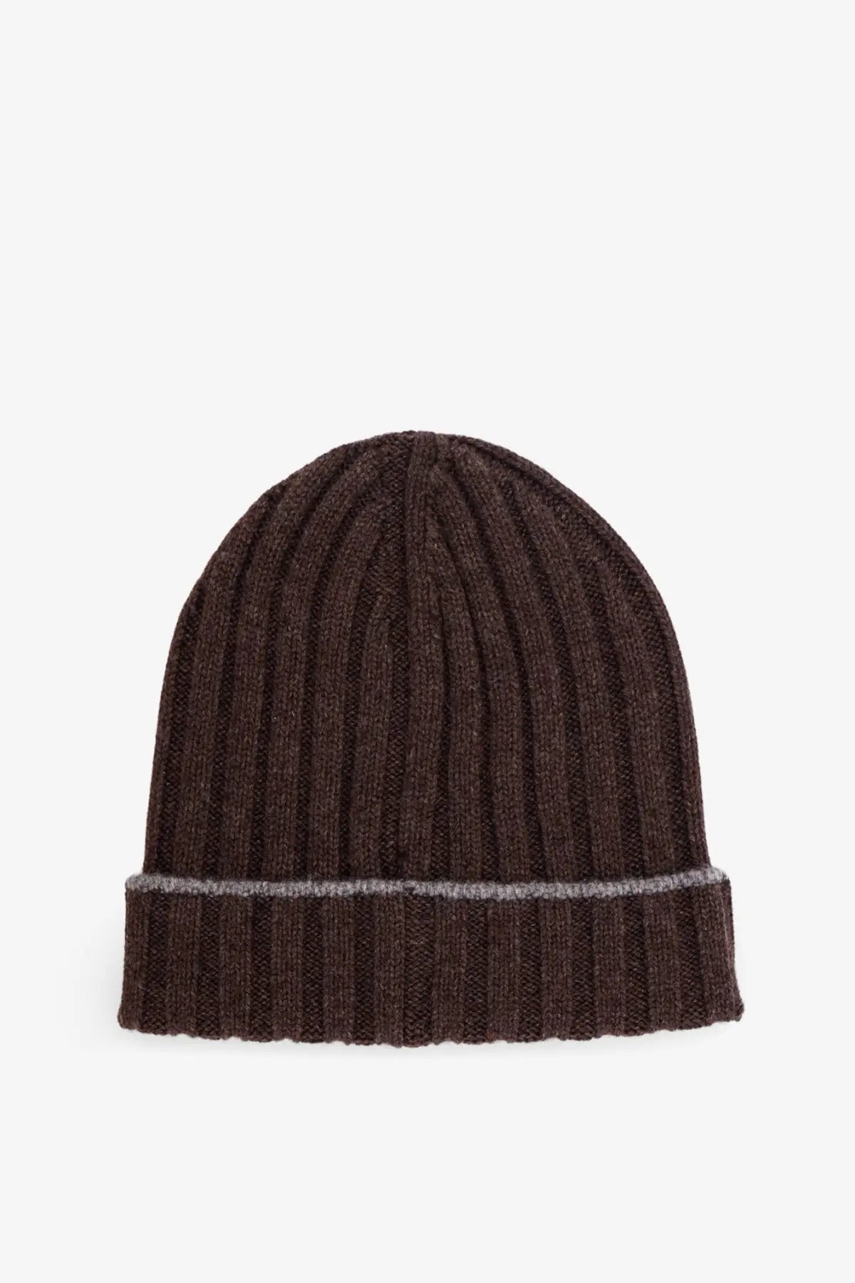 Brunello Cucinelli men’s dark brown ribbed cashmere beanie with a contrasting gray band at the cuff