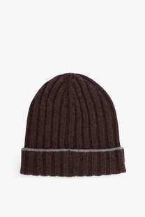 Brunello Cucinelli men’s dark brown ribbed cashmere beanie with a contrasting gray band at the cuff