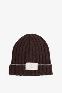 Brunello Cucinelli men’s cashmere beanie hat in dark brown ribbed knit with folded cuff and white front label