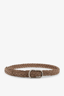 Brunello Cucinelli men’s brown braided leather belt with a silver-toned buckle and grey suede detailing
