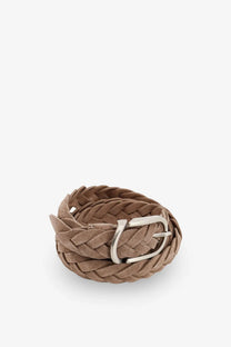 Brunello Cucinelli men’s braided taupe suede belt with a silver-toned buckle in grey