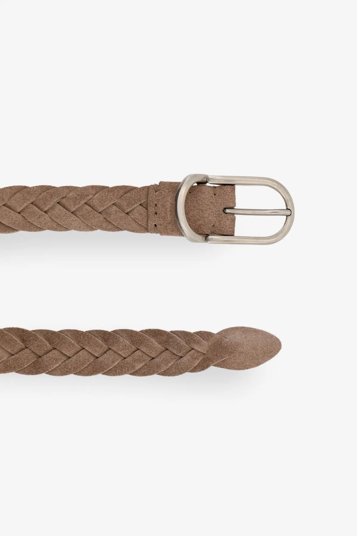 Brunello Cucinelli men’s braided taupe suede belt with silver toned buckle in grey