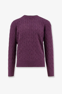 Brunello Cucinelli men’s beige cashmere sweater with purple cable knit pattern and ribbed cuffs and hem