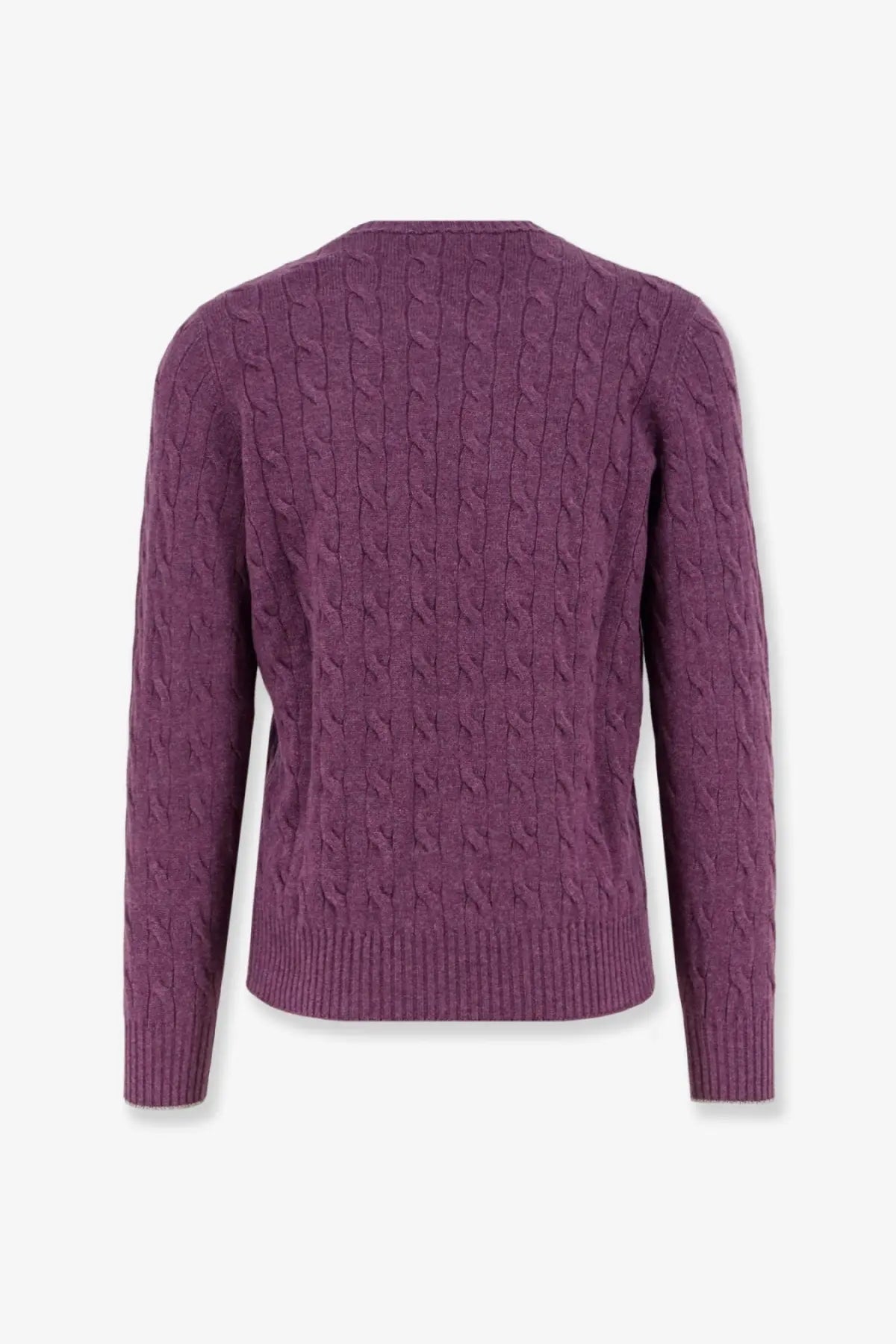 Brunello cucinelli men’s cable knit cashmere sweater in purple with ribbed cuffs and hem