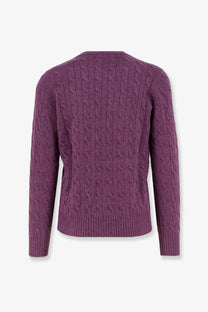 Brunello cucinelli men’s cable knit cashmere sweater in purple with ribbed cuffs and hem