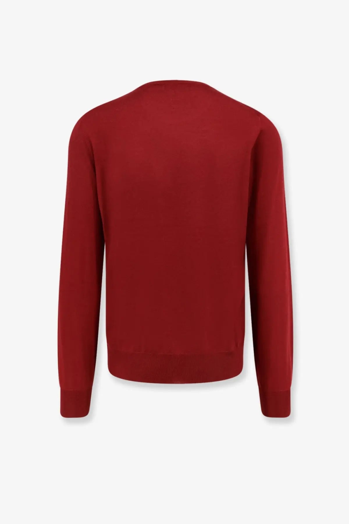 Brunello Cucinelli men’s crimson long-sleeved crew neck sweater made from cashmere and silk with ribbed cuffs