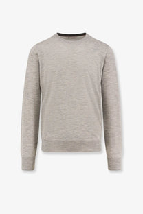Brunello cucinelli men’s light gray cashmere and silk crewneck sweater with subtle heathered pattern and ribbed cuffs