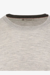 Brunello cucinelli men’s cashmere and silk sweater grey heather with ribbed crew neck and subtle texture
