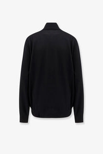 Brunello Cucinelli men’s black cashmere and silk long-sleeved jacket with stand-up collar and subtle seam detailing