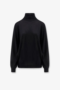 Brunello Cucinelli men’s black cashmere and silk turtleneck sweater with smooth fabric and relaxed fit