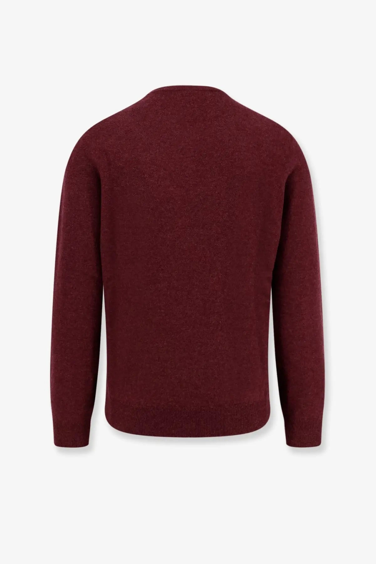 Brunello Cucinelli men’s cashmere sweater in maroon with fine knit texture and ribbed cuffs