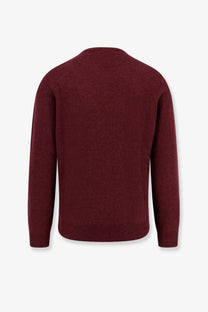 Brunello Cucinelli men’s cashmere sweater in maroon with fine knit texture and ribbed cuffs