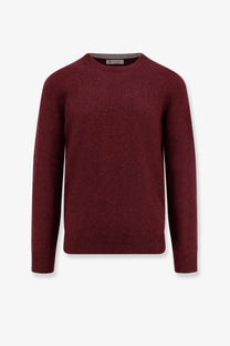 Brunello Cucinelli men’s cashmere crewneck sweater in maroon with fine knit texture and ribbed cuffs