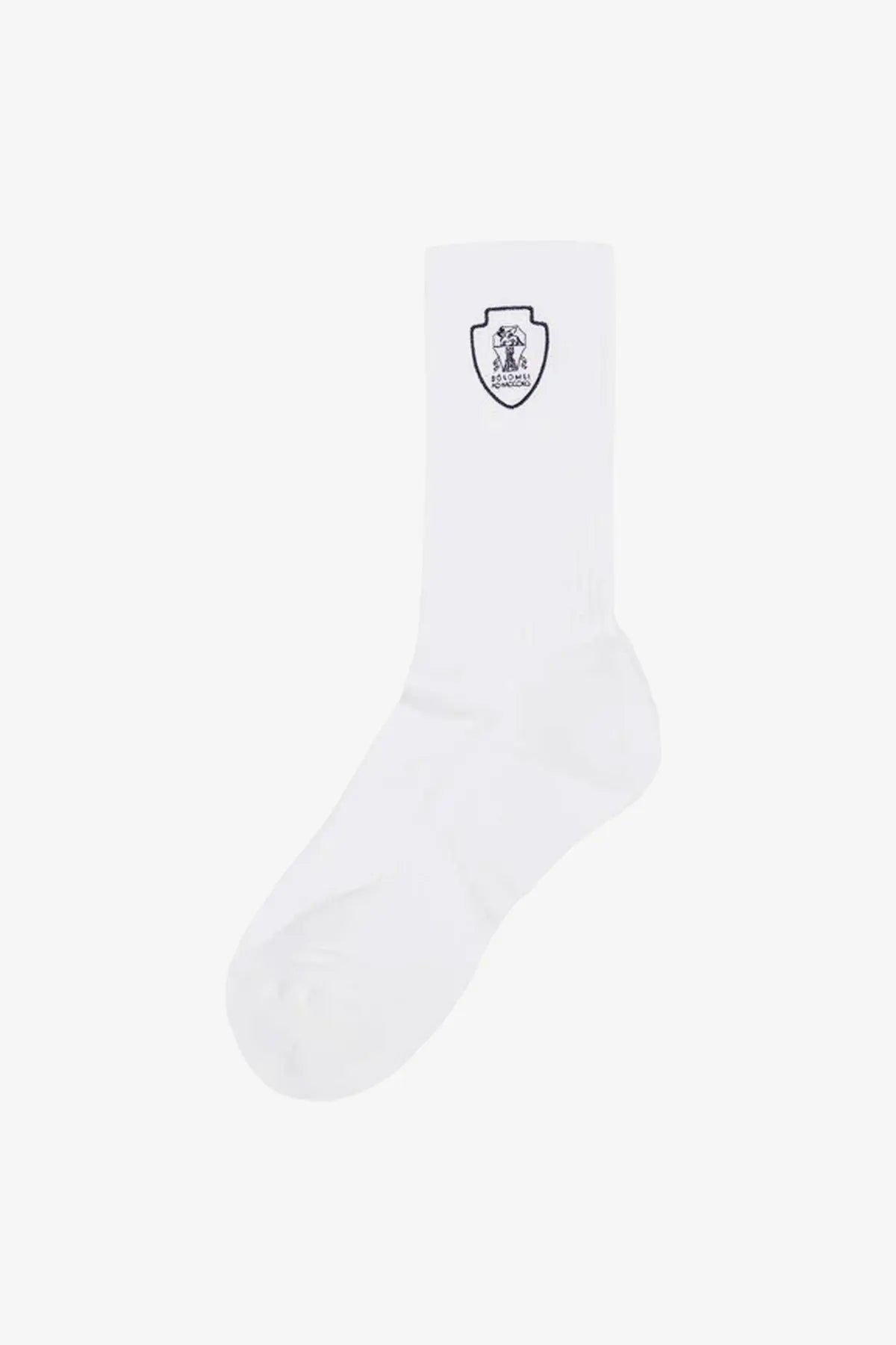 Brunello Cucinelli men’s white cotton blend crew sock with black embroidered shield logo on the ankle