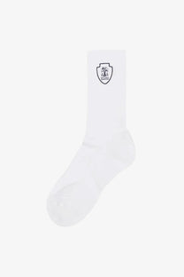 White Brunello Cucinelli men’s cotton blend crew sock with black embroidered shield logo on the ankle
