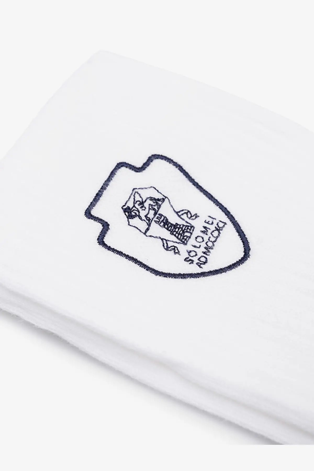White cotton handkerchief with black embroidered shield logo featuring illustration and text for brunello cucinelli socks