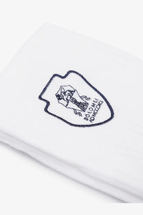 White cotton handkerchief with black embroidered shield logo paired with brunello cucinelli men’s cotton blend socks white