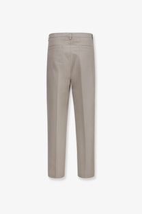 Beige brunello cucinelli men’s cotton and linen tailored trousers with a clean straight-leg cut and subtle back pockets shown from the back