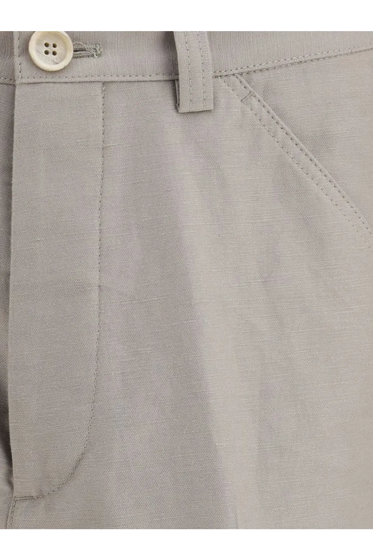 Brunello Cucinelli men’s light gray cotton and linen trousers with subtle texture cream button and neat stitching