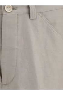 Brunello Cucinelli men’s light gray cotton and linen trousers with subtle texture cream button and neat stitching