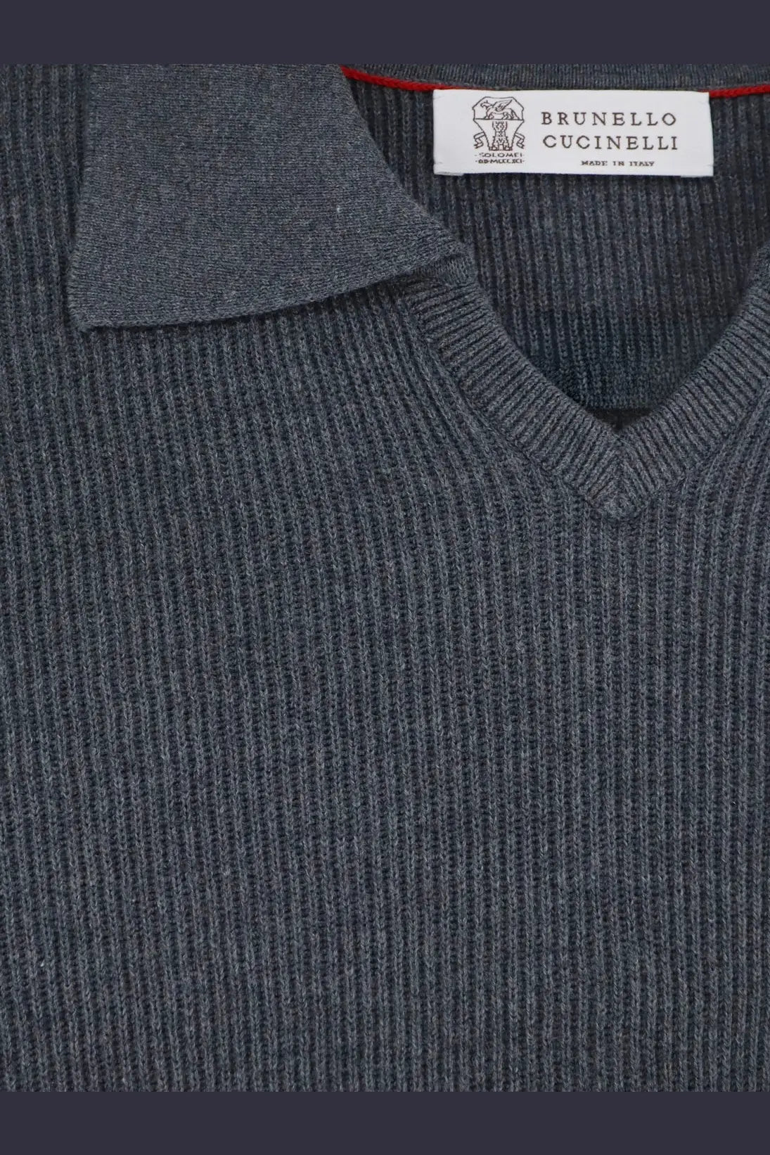 Brunello Cucinelli men’s dark gray ribbed knit v-neck sweater with matching collar and brand label