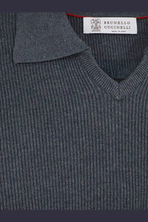 Brunello Cucinelli men’s dark gray ribbed knit v-neck sweater with matching collar and brand label