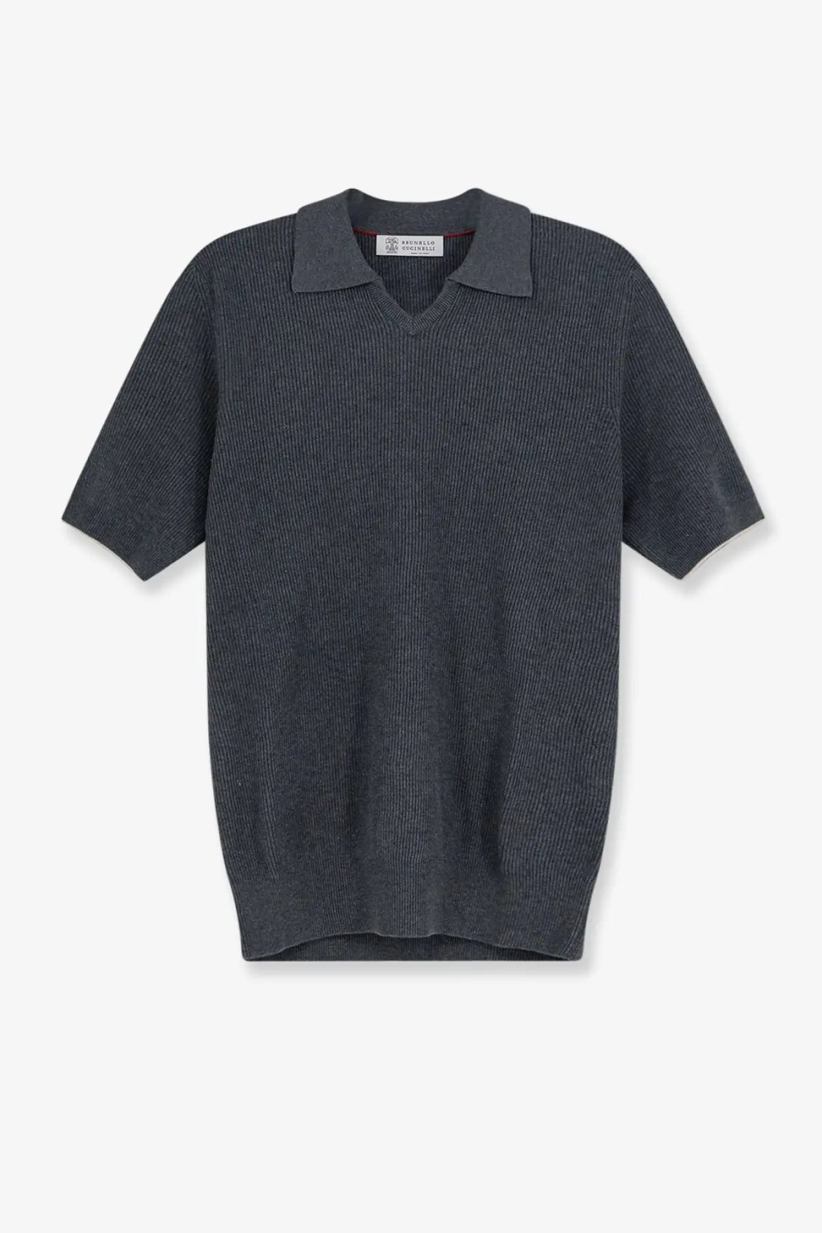 Dark gray ribbed knit polo shirt with contrasting darker collar from brunello cucinelli men’s cotton polo shirt beige collection