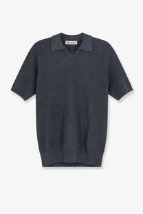 Dark gray ribbed knit polo shirt with contrasting darker collar from brunello cucinelli men’s cotton polo shirt beige collection