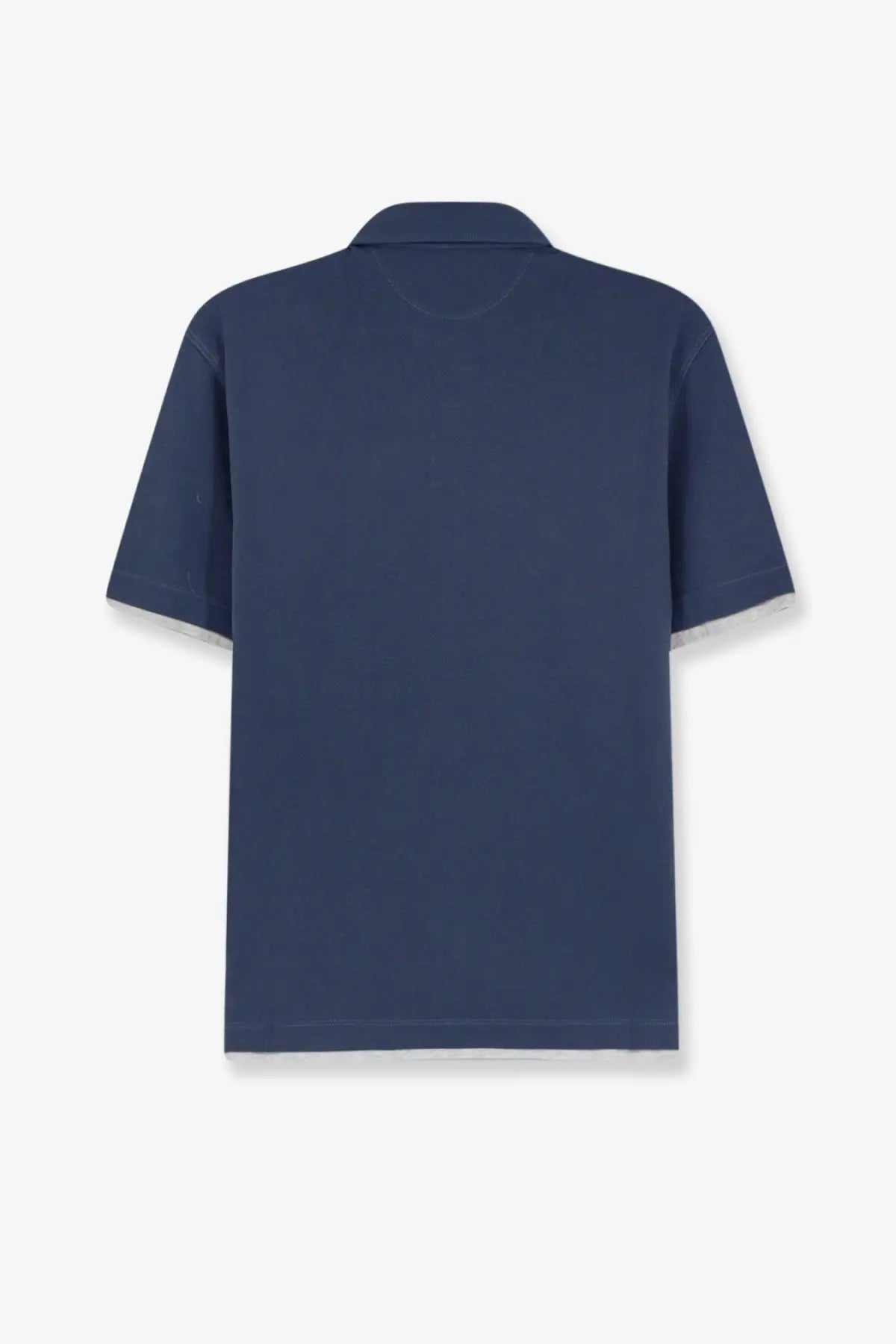 Brunello Cucinelli men’s navy blue cotton polo shirt with white trim on collar and sleeve cuffs in short sleeves