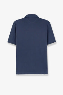 Brunello Cucinelli men’s navy blue cotton polo shirt with white trim on collar and sleeve cuffs in short sleeves
