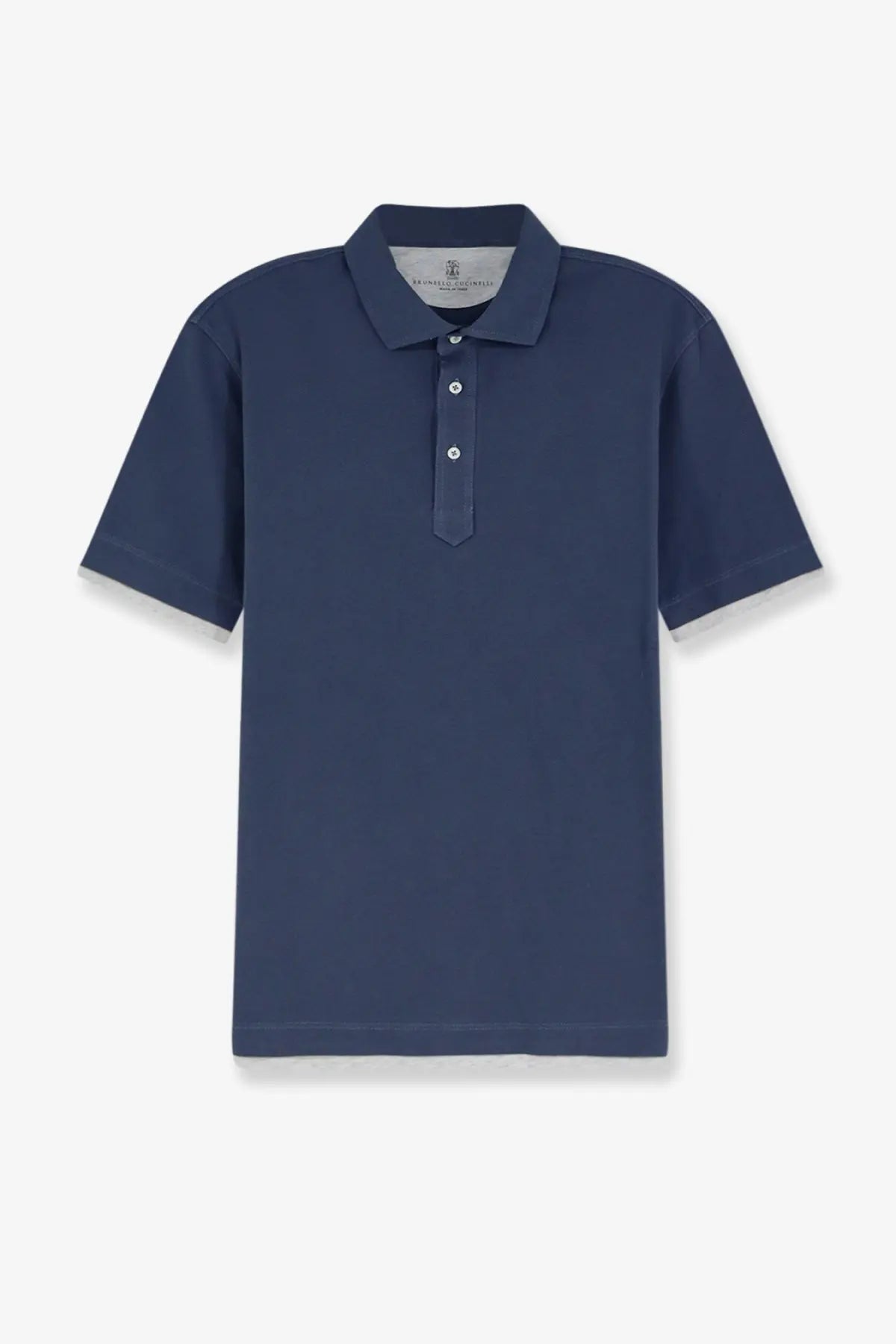 Brunello cucinelli men’s navy blue cotton polo shirt with short sleeves classic collar and three white buttons