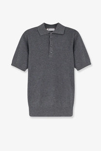 Brunello Cucinelli men’s dark gray ribbed cotton polo shirt with classic collar and three matching buttons