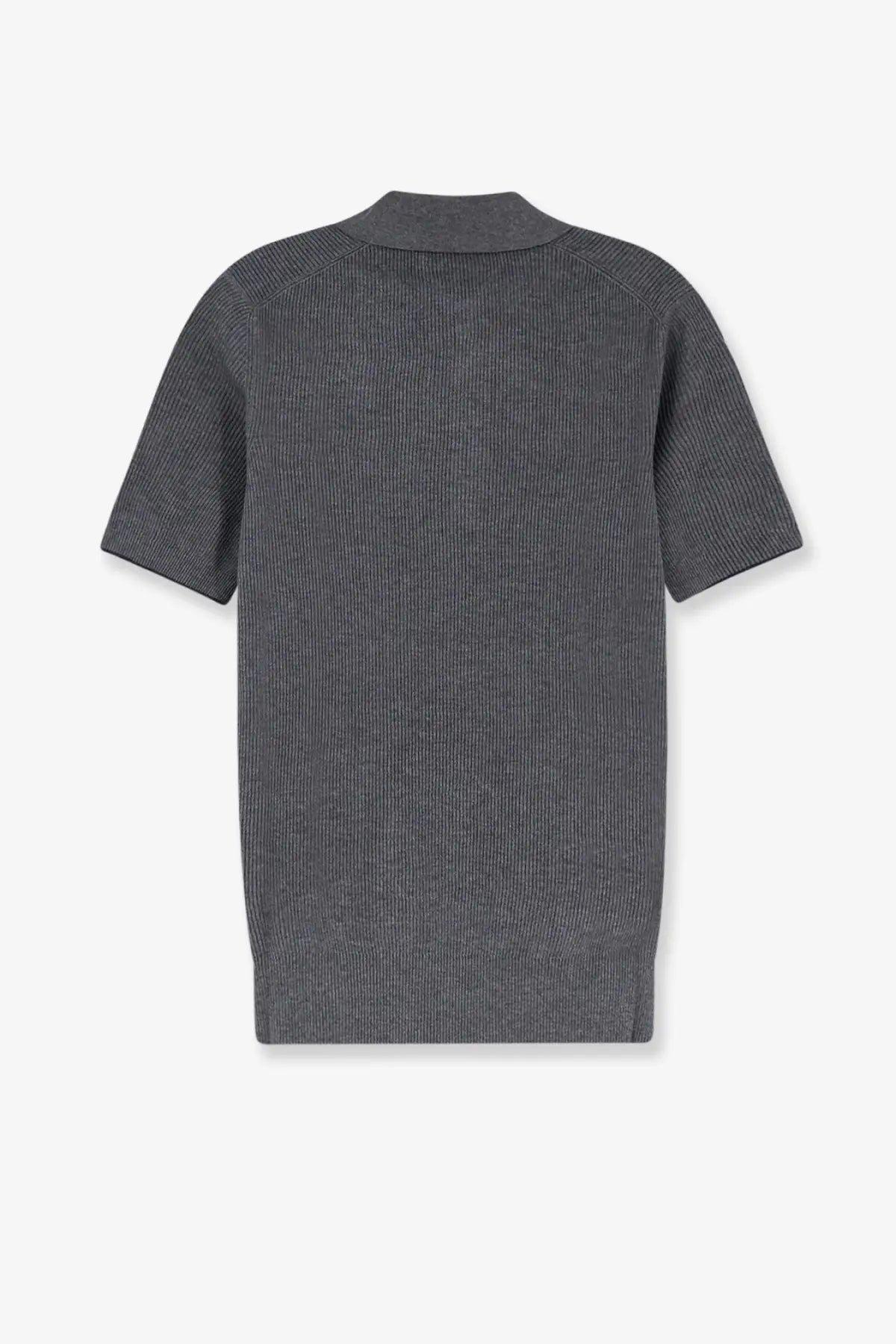 Brunello Cucinelli men’s dark gray ribbed knit cotton short-sleeved polo shirt with classic collar