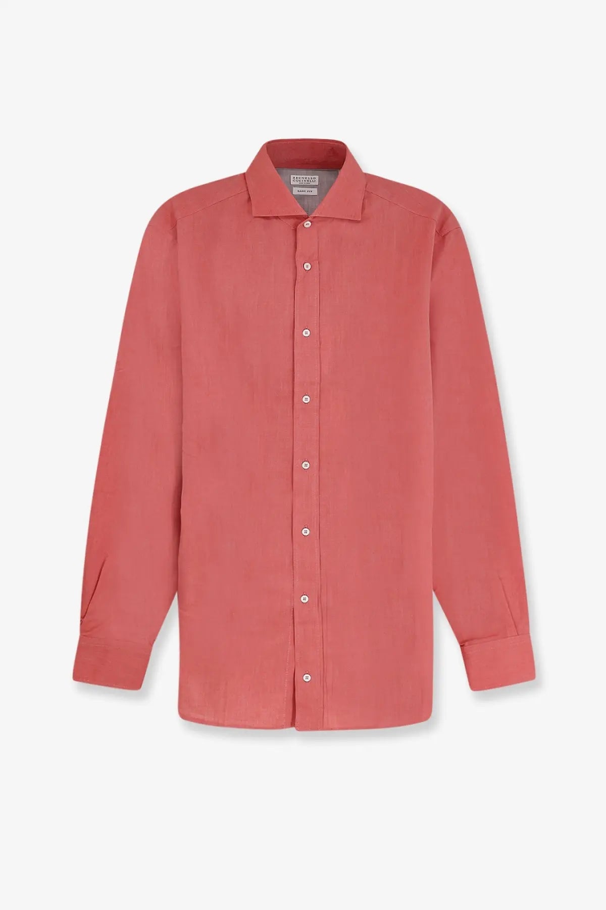 Brunello Cucinelli men’s coral cotton long-sleeved dress shirt with classic collar and button-down front