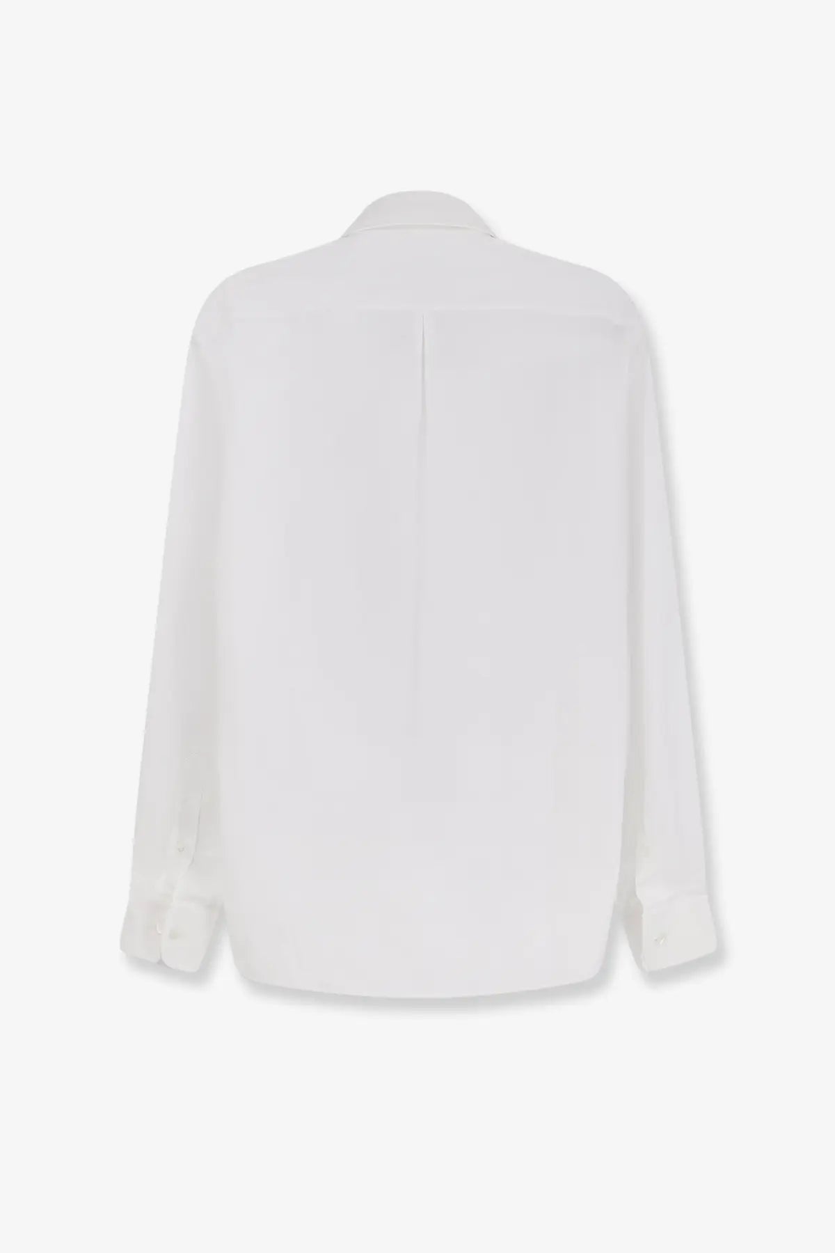 Brunello cucinelli men’s white cotton shirt with classic collar and subtle back seam detailing shown from the back