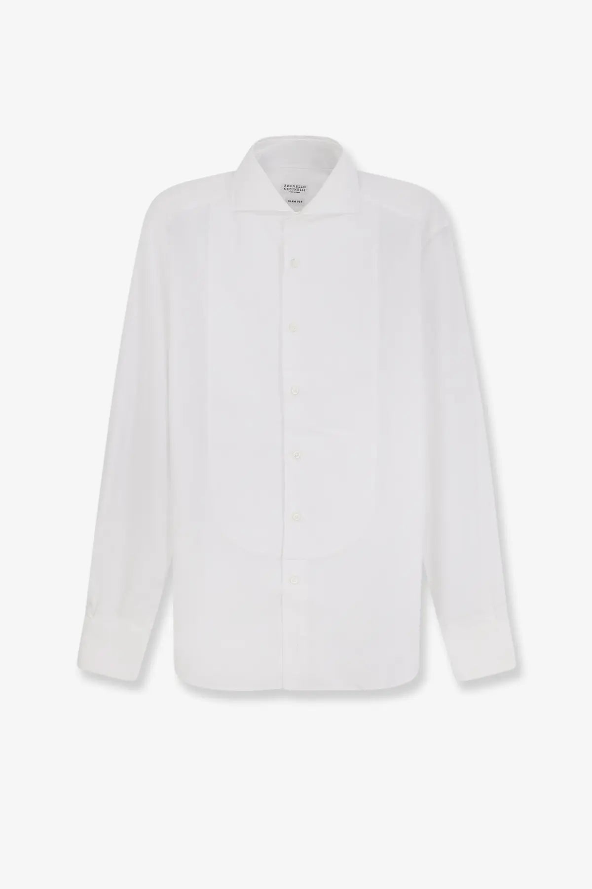 Brunello Cucinelli men’s white cotton shirt with a crisp long-sleeved button-down design and classic collar