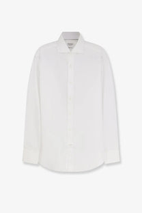 Brunello Cucinelli men’s white cotton dress shirt with classic collar and button-down front