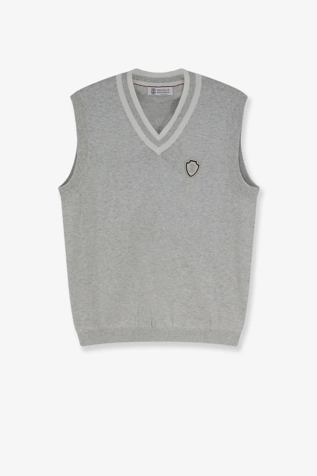 Brunello Cucinelli men’s grey cotton knit vest with white v-neck trim and black shield logo on left chest