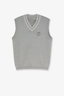 Brunello Cucinelli men’s grey cotton knit vest with white v-neck trim and black shield logo on left chest