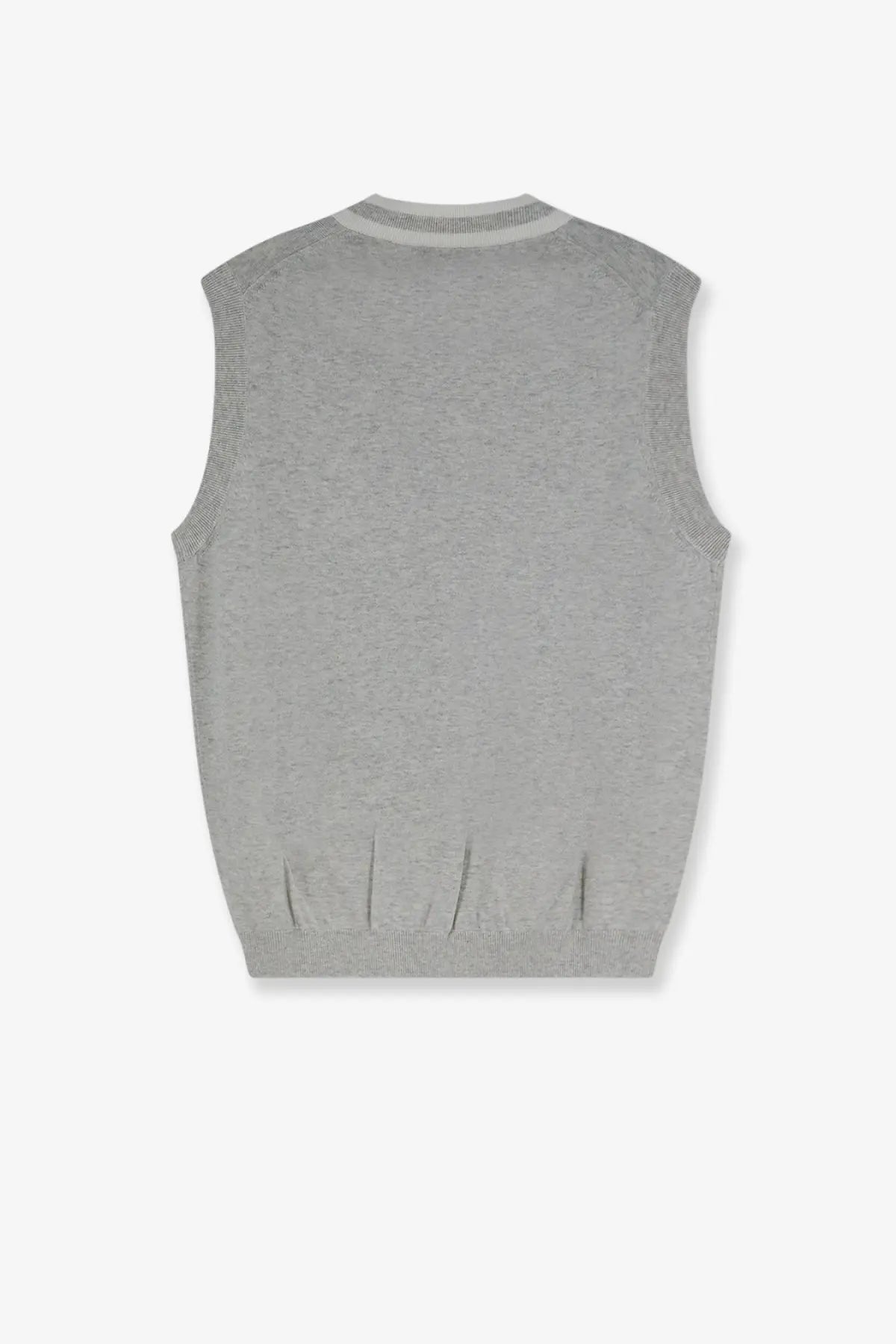 Brunello Cucinelli men’s heather gray cotton sleeveless knit vest with ribbed crew neckline and hem