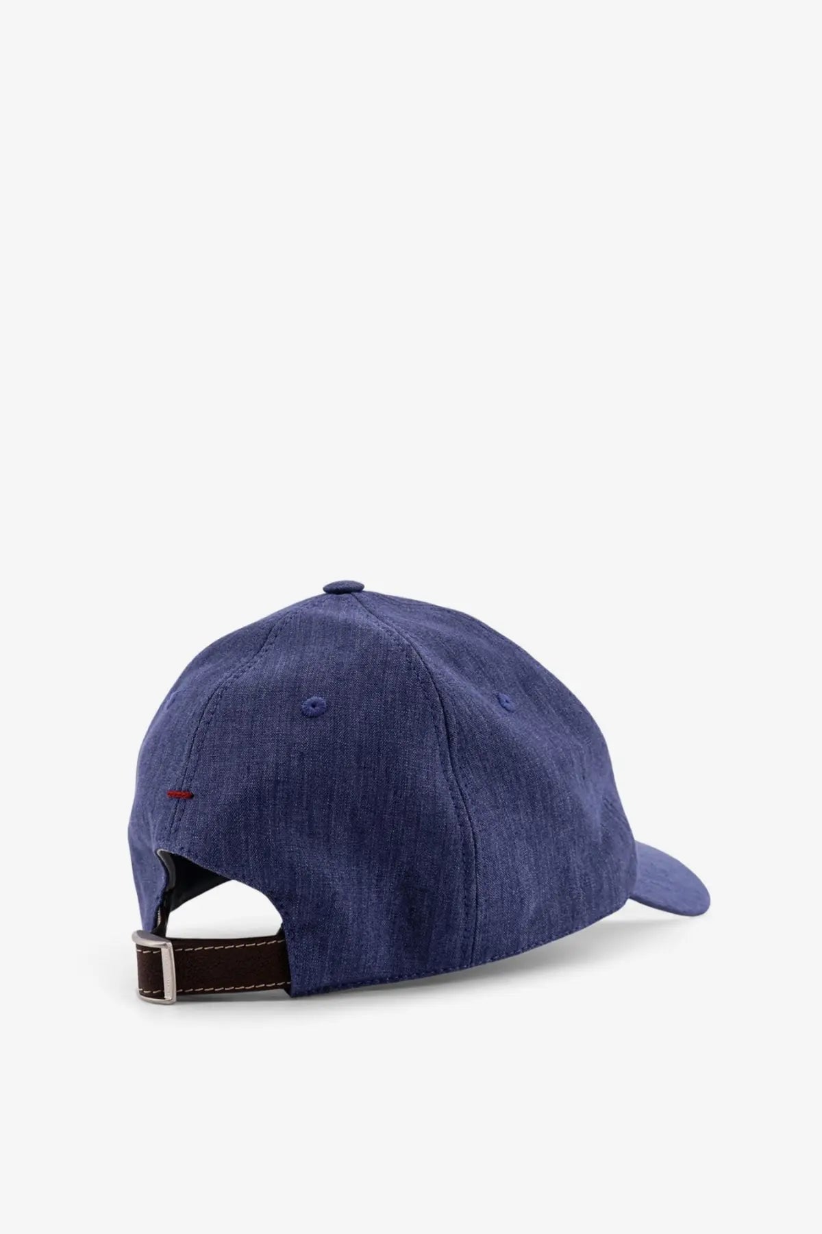 Brunello Cucinelli men’s blue denim baseball cap with brown leather strap and silver buckle shown from the back