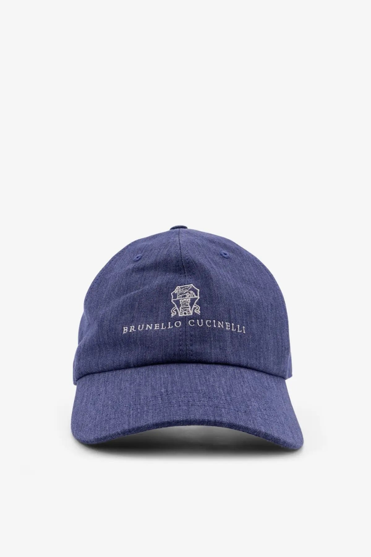 Brunello Cucinelli men’s denim hat blue navy baseball cap with white embroidered logo and brand name