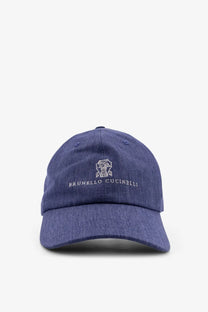 Brunello Cucinelli men’s denim hat blue navy baseball cap with white embroidered logo and brand name