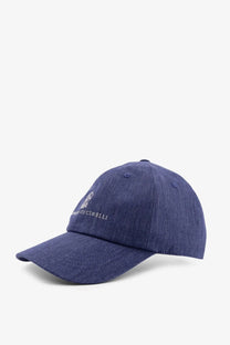 Navy blue textured cotton baseball cap with embroidered logo by Brunello Cucinelli men’s denim hat blue