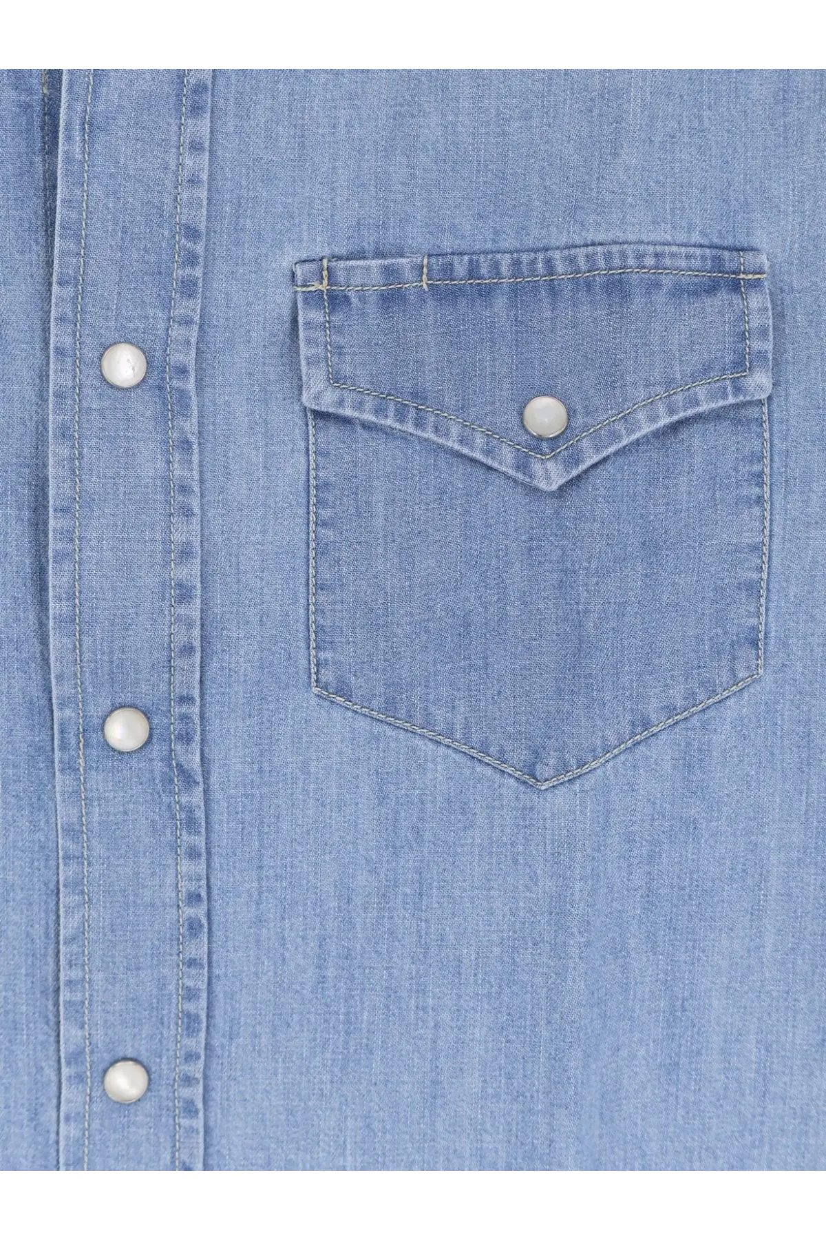 Brunello Cucinelli men’s light blue denim shirt with chest pocket and white buttons in soft beige denim fabric